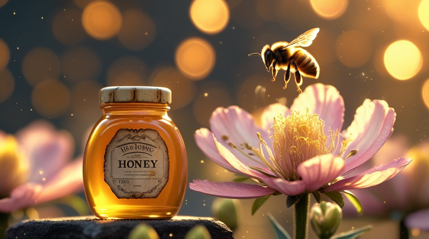 একটি মধুর জার ও ফুলে বসা মৌমাছি — আসল মধু চেনার উপায় ও মধুর উপকারিতা প্রতীকী চিত্র
