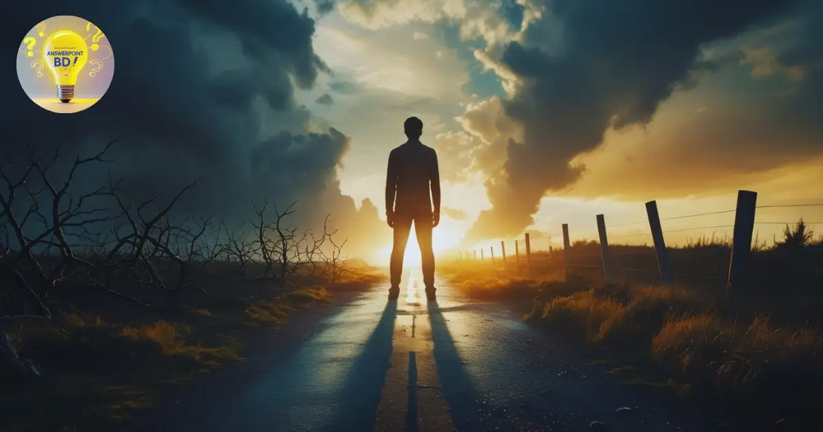 একজন মানুষ অন্ধকার রাস্তা পেরিয়ে ভোরের আলোর দিকে তাকিয়ে আছে, যা ব্রেকআপের পর নতুন জীবনের প্রতীক।