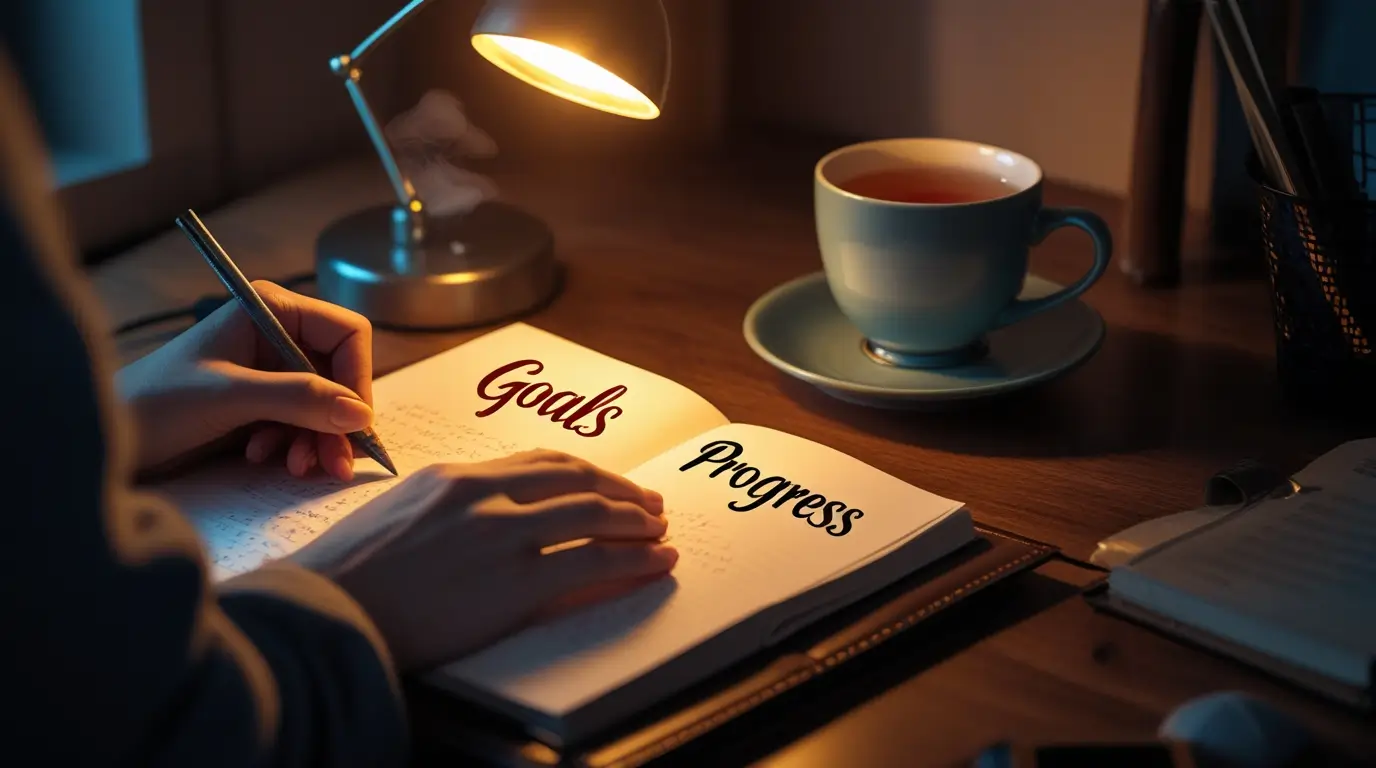 একজন ব্যক্তি নোটবুকে তার 'Goals' (লক্ষ্য) এবং 'Progress' (অগ্রগতি) লিখছেন, যা নিজেকে মোটিভেট রাখার একটি শক্তিশালী উপায়।