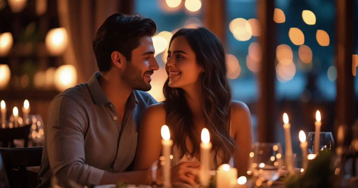 ক্যান্ডেল লাইট ডিনারে একটি সুখী দম্পতি - রোমান্টিক ডেট আইডিয়া