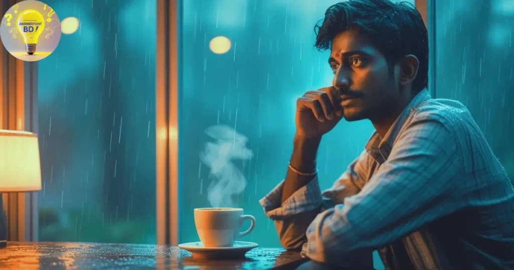 ব্রেকআপের পর একজন বিষণ্ণ পুরুষ বৃষ্টির দিনে জানালার পাশে বসে কফি খাচ্ছে এবং গভীর চিন্তায় মগ্ন।