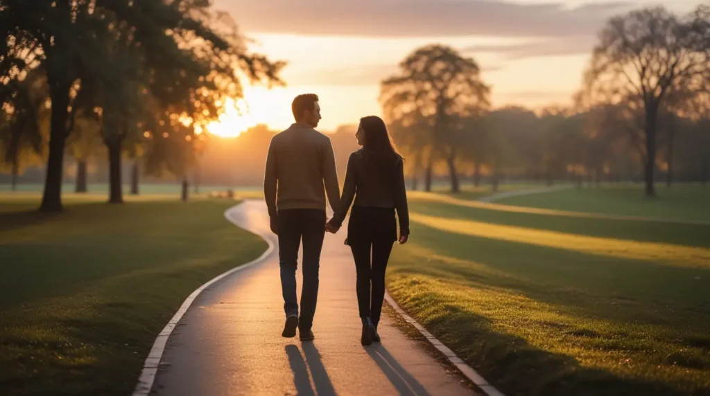 সঙ্গীর সাথে সম্পর্ক গভীর করার উপায় - Couple Relationship Tips সূর্যাস্তের সময় পার্কে হাত ধরে হাঁটছে এক দম্পতি - সঙ্গীর সাথে সম্পর্ক গভীর করার রোমান্টিক টিপস।