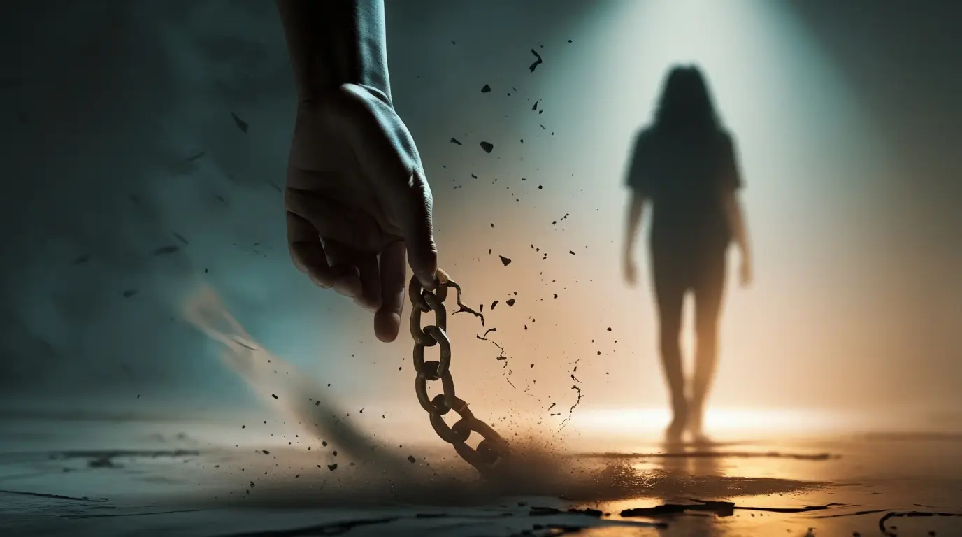 শেকল বা শিকল ছিঁড়ে টক্সিক সম্পর্ক থেকে বেরিয়ে আসা ও আলোর পথে এগিয়ে যাওয়ার প্রতীকী ছবি।