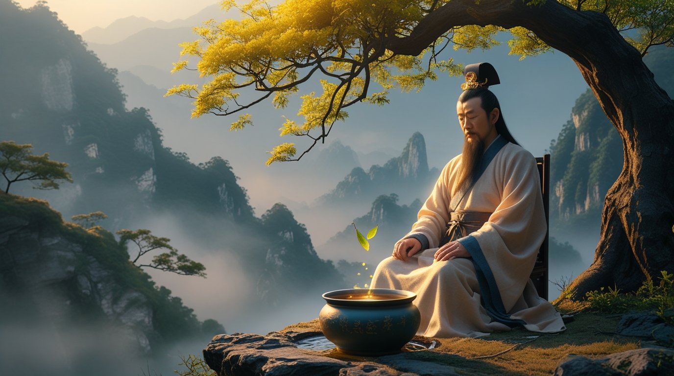 একজন প্রাচীন চীনা ঋষি পাহাড়ে বসে চা প্রস্তুত করছেন, যা চায়ের গভীর ইতিহাসের প্রতীক।