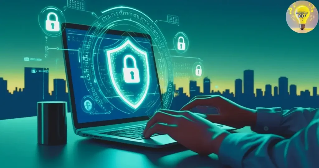 ল্যাপটপের স্ক্রিনে সাইবার সিকিউরিটির প্রতীক হিসেবে একটি সুরক্ষা শিল্ড, যা হ্যাকিং থেকে বাঁচার কার্যকরী উপায় নির্দেশ করছে।