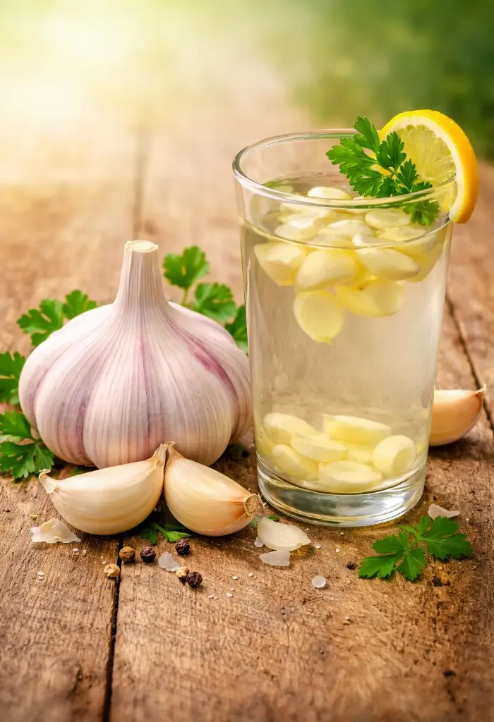 রসুন ভেজানো পানি তৈরির নিয়ম গ্লাসে ভেজানো রসুন ও লেবু পানি - খালি পেটে রসুন খাওয়ার সঠিক নিয়ম
