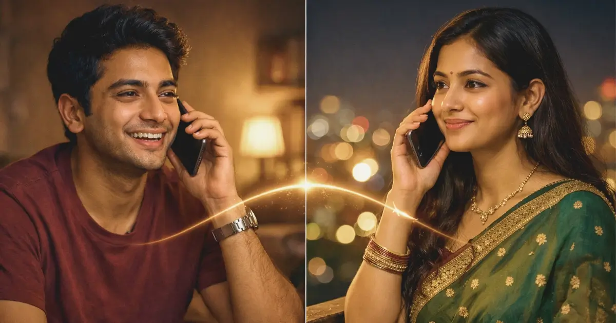 লং ডিস্টেন্স রিলেশনশিপে থাকা এক সুখী যুগল ফোনে কথা বলছে এবং হাসছে - ভার্চুয়াল যোগাযোগ।