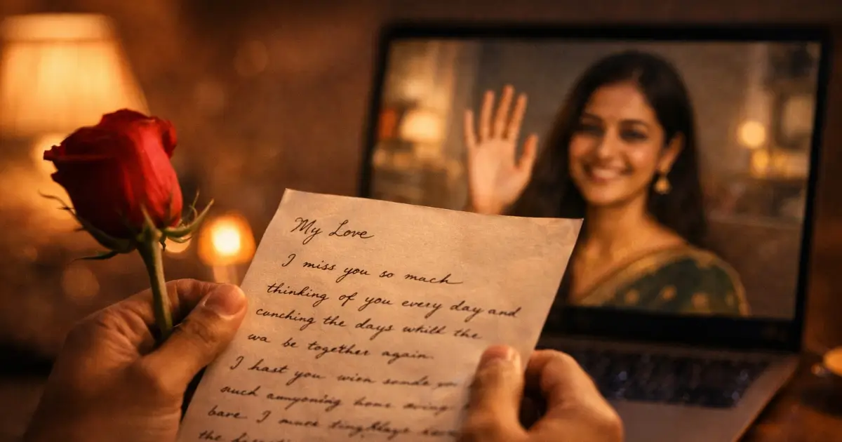 লং ডিস্টেন্স রিলেশনশিপে চিঠি ও সারপ্রাইজ গিফট আদান-প্রদান লং ডিস্টেন্স রিলেশনশিপে ভিডিও কলের সামনে হাতে লেখা প্রেমের চিঠি এবং গোলাপ ফুল হাতে ভালোবাসা প্রকাশ।