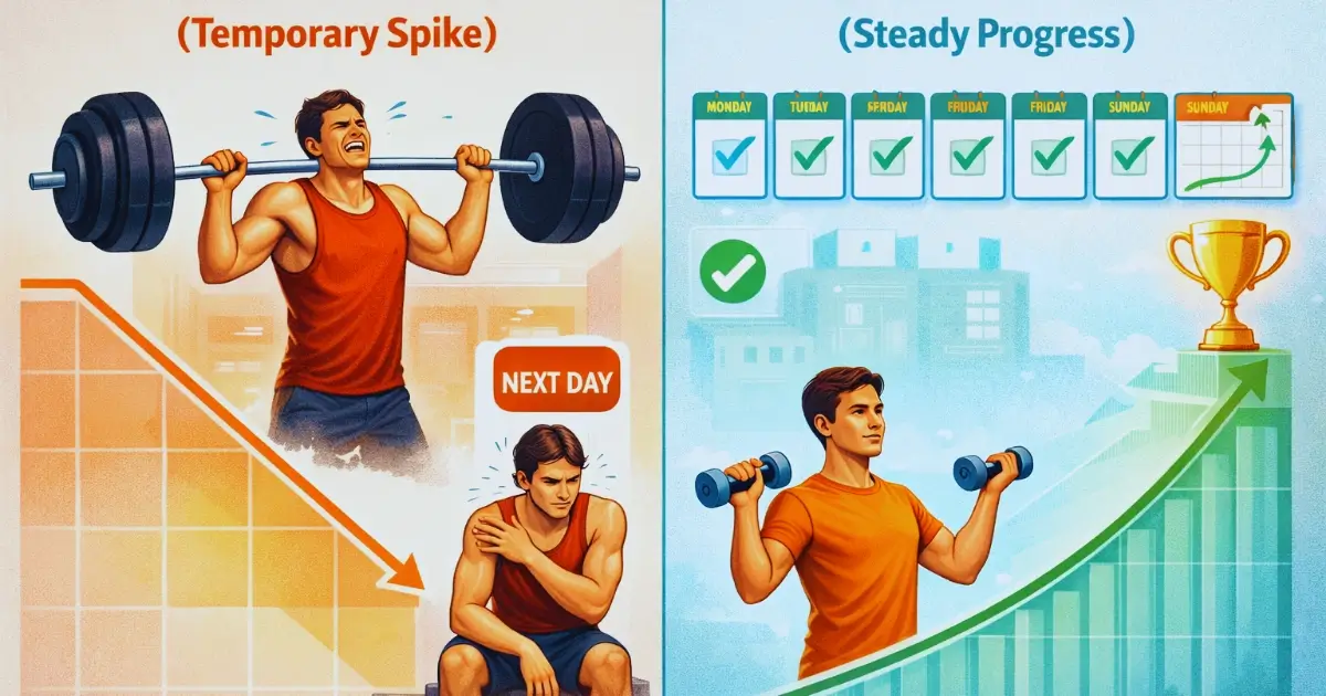 Motivation vs Consistency comparison showing temporary spike vs steady progress.