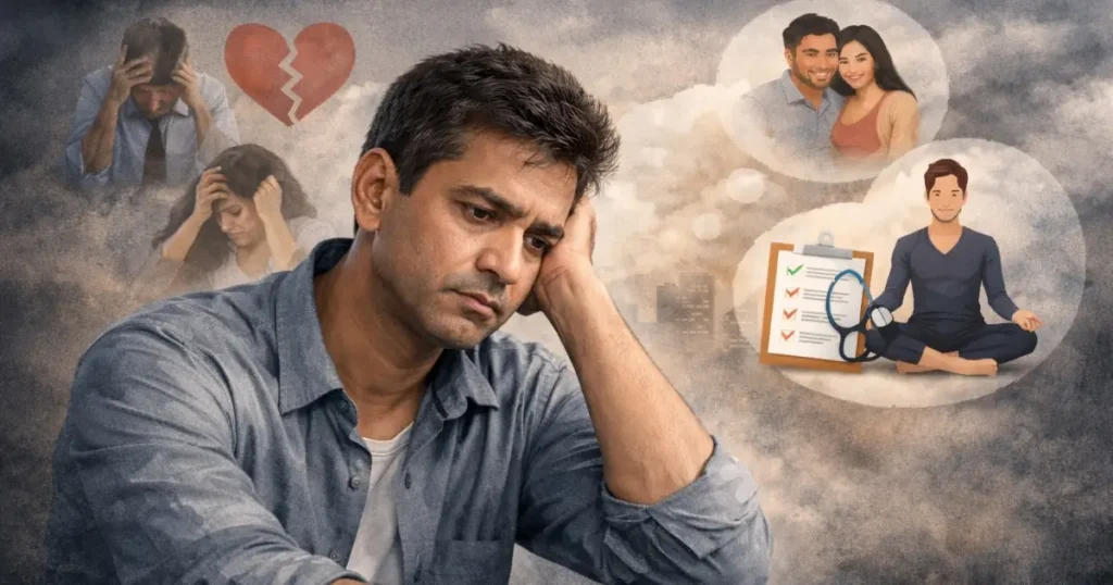 মধ্যবয়সে ডিপ্রেশন নিয়ে চিন্তিত একজন যুবকের ছবি, যেখানে মানসিক চাপ ও বিষণ্ণতার প্রতিফলন দেখা যাচ্ছে