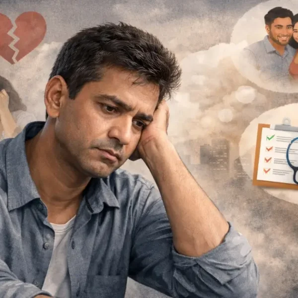 মধ্যবয়সে ডিপ্রেশন নিয়ে চিন্তিত একজন যুবকের ছবি, যেখানে মানসিক চাপ ও বিষণ্ণতার প্রতিফলন দেখা যাচ্ছে