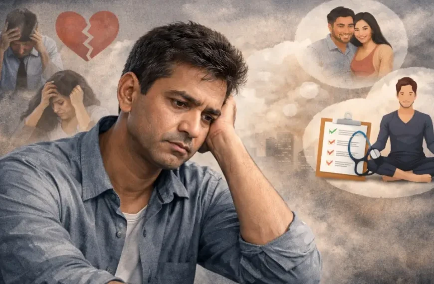 মধ্যবয়সে ডিপ্রেশন নিয়ে চিন্তিত একজন যুবকের ছবি, যেখানে মানসিক চাপ ও বিষণ্ণতার প্রতিফলন দেখা যাচ্ছে