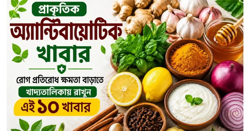 প্রাকৃতিক অ্যান্টিবায়োটিক খাবার যেমন রসুন, আদা, লেবু ও মধুর ছবি যা শরীরের রোগ প্রতিরোধ ক্ষমতা বাড়াতে সাহায্য করে