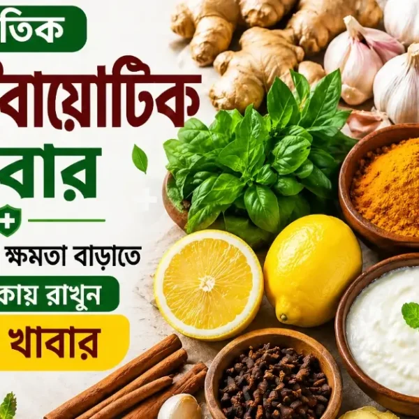 প্রাকৃতিক অ্যান্টিবায়োটিক খাবার যেমন রসুন, আদা, লেবু ও মধুর ছবি যা শরীরের রোগ প্রতিরোধ ক্ষমতা বাড়াতে সাহায্য করে